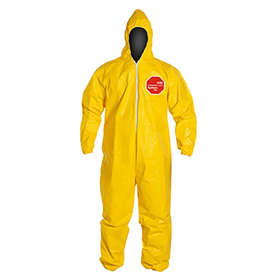 DuPontâ„¢ TychemÂ® Coverall. Comfort Fit Design. Respirator Fit Hood. Elastic Wrists. Attached Skid-Resistant Boots. Elastic Waist. Serged Seams. Yellow. 122