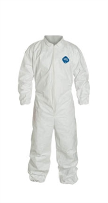 DuPontâ„¢ TyvekÂ® Coverall. Comfort Fit Design. Collar. Elastic Wrists and Ankles. Elastic Waist. Serged Seams. White. TY125S WH